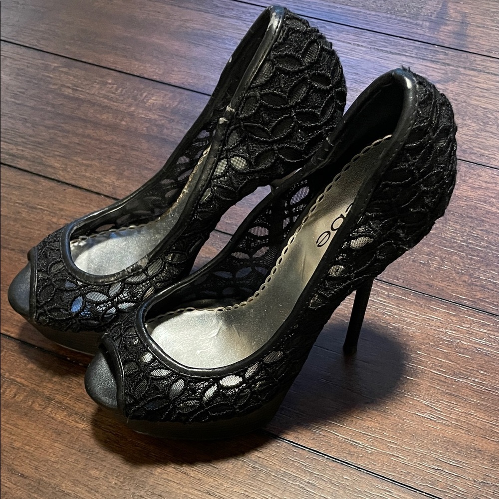 bebe Black Lace Peep-Toe Heels